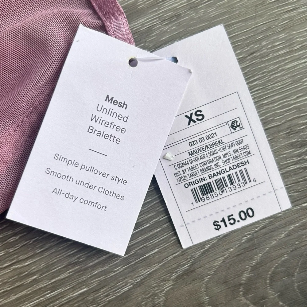 NWT XS 32A 32B Auden Mauve Pink Mesh Unlined Wire Free Bralette